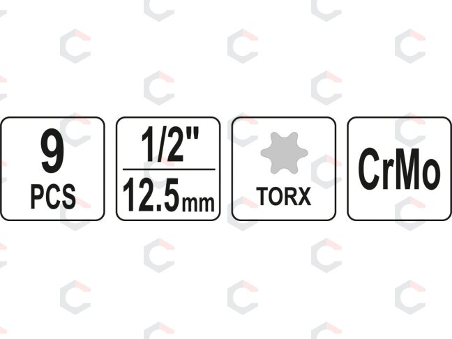Smūginiai antgaliai | 12,5 mm (1/2") | T-Star (Torx) T20 - T70 | 9 vnt (YT-10654) 4