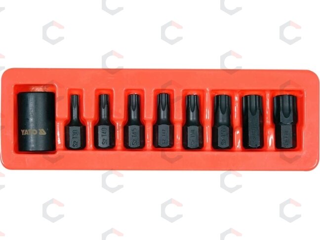 Smūginiai antgaliai | 12,5 mm (1/2") | T-Star (Torx) T30 - T70 | 9 vnt (YT-10664) 1 Smūginiai antgaliai | 12,5 mm (1/2") | T-Star (Torx) T30 - T70 | 9 vnt (YT-10664) 1