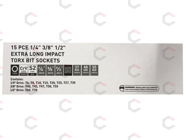 Smūginiai antgaliai | 6.3 mm (1/4") / 10 mm (3/8") / 12,5 mm (1/2") | T-Star (Torx) T6 - T70 | 15 vnt. (S1115) 2 Smūginiai antgaliai | 6.3 mm (1/4") / 10 mm (3/8") / 12,5 mm (1/2") | T-Star (Torx) T6 - T70 | 15 vnt. (S1115) 2