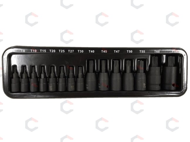 Smūginiai antgaliai | 6.3 mm (1/4") / 10 mm (3/8") / 12,5 mm (1/2") | T-Star (Torx) T6 - T70 | 15 vnt. (S1115) Smūginiai antgaliai | 6.3 mm (1/4") / 10 mm (3/8") / 12,5 mm (1/2") | T-Star (Torx) T6 - T70 | 15 vnt. (S1115)