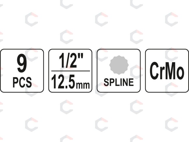 Smūginių antgalių rinkinys | 12,5 mm (1/2") | Spline (XZN) M4 - M16 | 9 vnt. (YT-10691) 5 Smūginių antgalių rinkinys | 12,5 mm (1/2") | Spline (XZN) M4 - M16 | 9 vnt. (YT-10691) 5