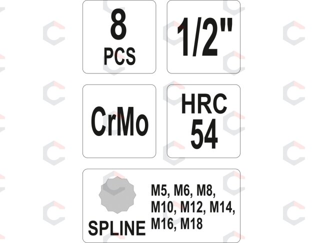 Smūginių antgalių rinkinys | 12,5 mm (1/2") | Spline (XZN) M5 - M18 | 8 vnt. (YT-1069) 2 Smūginių antgalių rinkinys | 12,5 mm (1/2") | Spline (XZN) M5 - M18 | 8 vnt. (YT-1069) 2