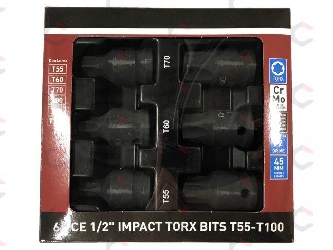 Smūginių antgalių rinkinys | 12,5 mm (1/2") | T-Star (Torx) T55 - T100 | 6 vnt. (S1106) 1