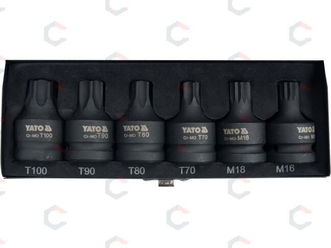 Smūginių antgalių rinkinys | 20 mm (3/4") | T-Star (Torx) T70 - T100 | spline M16-M18 | 6 vnt. (YT-10653) Smūginių antgalių rinkinys | 20 mm (3/4") | T-Star (Torx) T70 - T100 | spline M16-M18 | 6 vnt. (YT-10653)