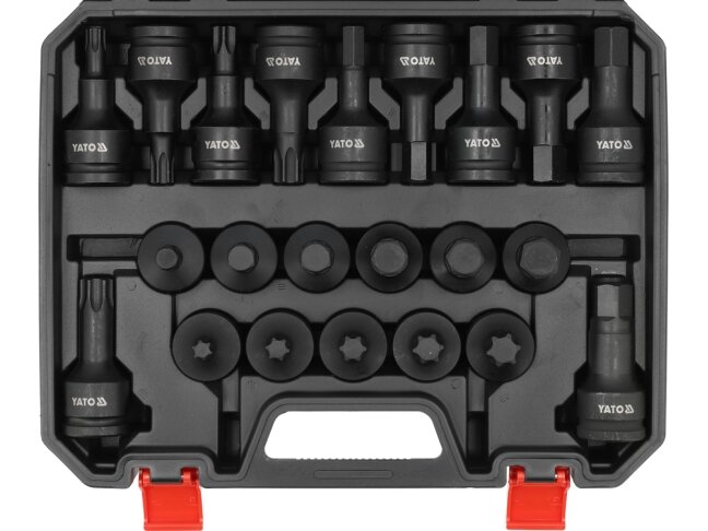 Smūginių galvučių su HEX ir TORX antgaliais rinkinys 3/4", H14–H24, T60–T100, 22 vnt. YATO (YT-10656) 1 Smūginių galvučių su HEX ir TORX antgaliais rinkinys 3/4", H14–H24, T60–T100, 22 vnt. YATO (YT-10656) 1