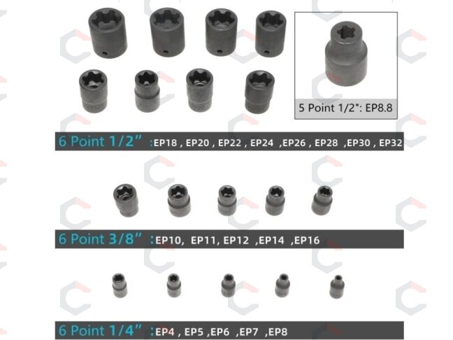 Smūginių E-Type Plus galvučių rinkinys | 6,3 mm (1/4"), 10 mm (3/8"), 12,5 mm (1/2") | EP4 - EP32 | 19 vnt. (S11019) 6 Smūginių E-Type Plus galvučių rinkinys | 6,3 mm (1/4"), 10 mm (3/8"), 12,5 mm (1/2") | EP4 - EP32 | 19 vnt. (S11019) 6