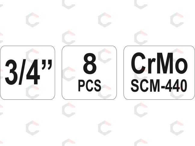 Smūginių galvučių rinkinys | 20 mm (3/4") | 22 - 41 mm | 8 vnt. (YT-1115) 5 Smūginių galvučių rinkinys | 20 mm (3/4") | 22 - 41 mm | 8 vnt. (YT-1115) 5