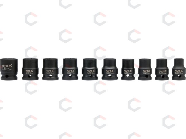 Smūginių galvučių rinkinys, šešiakampės | 12,5 mm (1/2") | 10 - 22 mm | 10 vnt (YT-1025) 3 Smūginių galvučių rinkinys, šešiakampės | 12,5 mm (1/2") | 10 - 22 mm | 10 vnt (YT-1025) 3