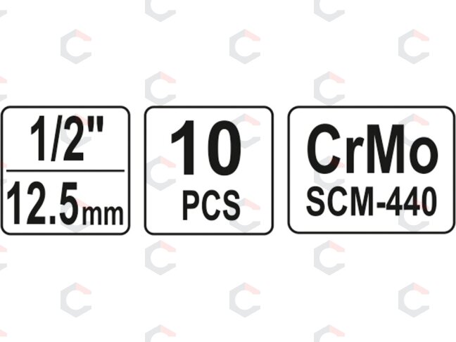 Smūginių galvučių rinkinys, šešiakampės | 12,5 mm (1/2") | 10 - 22 mm | 10 vnt (YT-1025) 4 Smūginių galvučių rinkinys, šešiakampės | 12,5 mm (1/2") | 10 - 22 mm | 10 vnt (YT-1025) 4