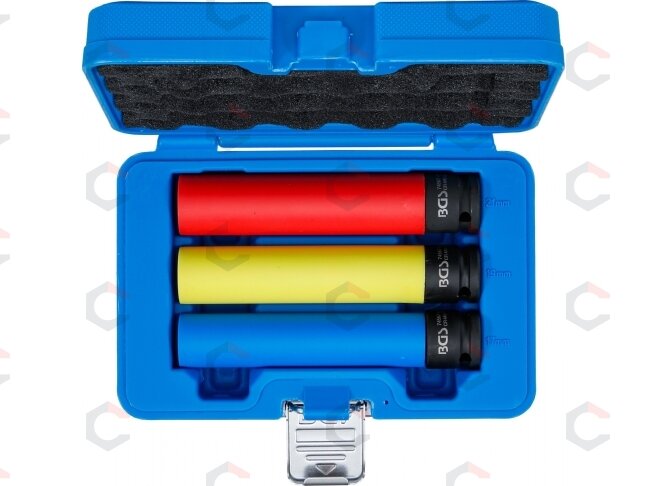 Smūginių ilgų galvučių rinkinys su apsaugomis | 1/2" (12,5 mm) | 150 mm | 17/19/21 mm | 3 vnt (74567) 4 Smūginių ilgų galvučių rinkinys su apsaugomis | 1/2" (12,5 mm) | 150 mm | 17/19/21 mm | 3 vnt (74567) 4
