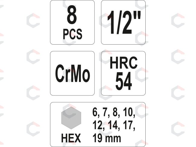 Smūginiai antgaliai | 12,5 mm (1/2") | šešiakampis HEX 5 - 19 mm | 8 vnt. (YT-1066) 2 Smūginiai antgaliai | 12,5 mm (1/2") | šešiakampis HEX 5 - 19 mm | 8 vnt. (YT-1066) 2