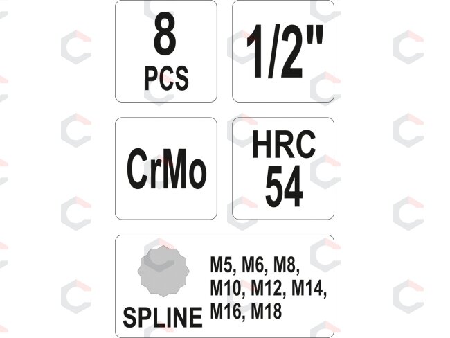 Smūginių antgalių rinkinys | 12,5 mm (1/2") | Spline (XZN) M5 - M18 | 8 vnt. (YT-1069) 2 Smūginių antgalių rinkinys | 12,5 mm (1/2") | Spline (XZN) M5 - M18 | 8 vnt. (YT-1069) 2