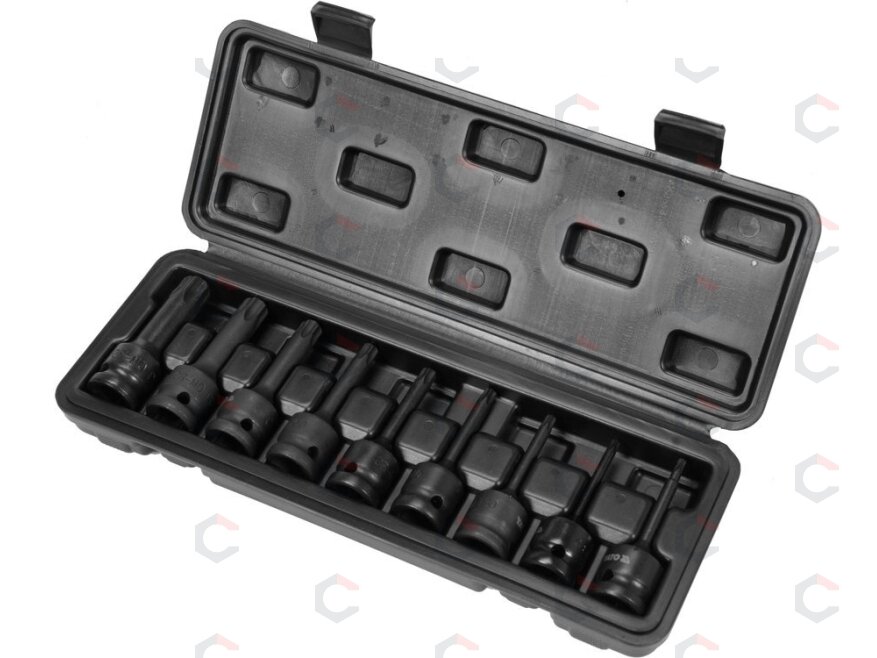 Smūginiai antgaliai | 12,5 mm (1/2") | T-Star (Torx) T20 - T70 | 9 vnt (YT-10654) 1 Smūginiai antgaliai | 12,5 mm (1/2") | T-Star (Torx) T20 - T70 | 9 vnt (YT-10654) 1