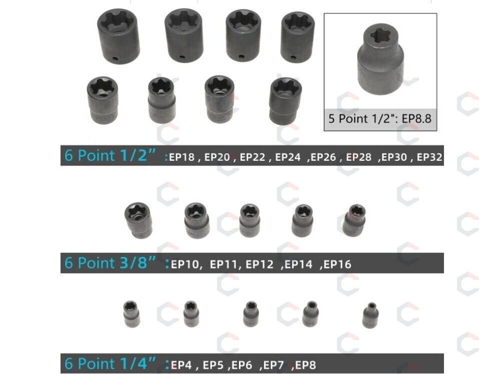 Smūginių E-Type Plus galvučių rinkinys | 6,3 mm (1/4"), 10 mm (3/8"), 12,5 mm (1/2") | EP4 - EP32 | 19 vnt. (S11019) 6 Smūginių E-Type Plus galvučių rinkinys | 6,3 mm (1/4"), 10 mm (3/8"), 12,5 mm (1/2") | EP4 - EP32 | 19 vnt. (S11019) 6