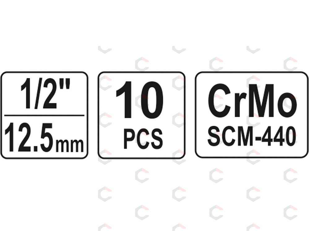 Smūginių galvučių rinkinys, šešiakampės | 12,5 mm (1/2") | 10 - 22 mm | 10 vnt (YT-1025) 4 Smūginių galvučių rinkinys, šešiakampės | 12,5 mm (1/2") | 10 - 22 mm | 10 vnt (YT-1025) 4