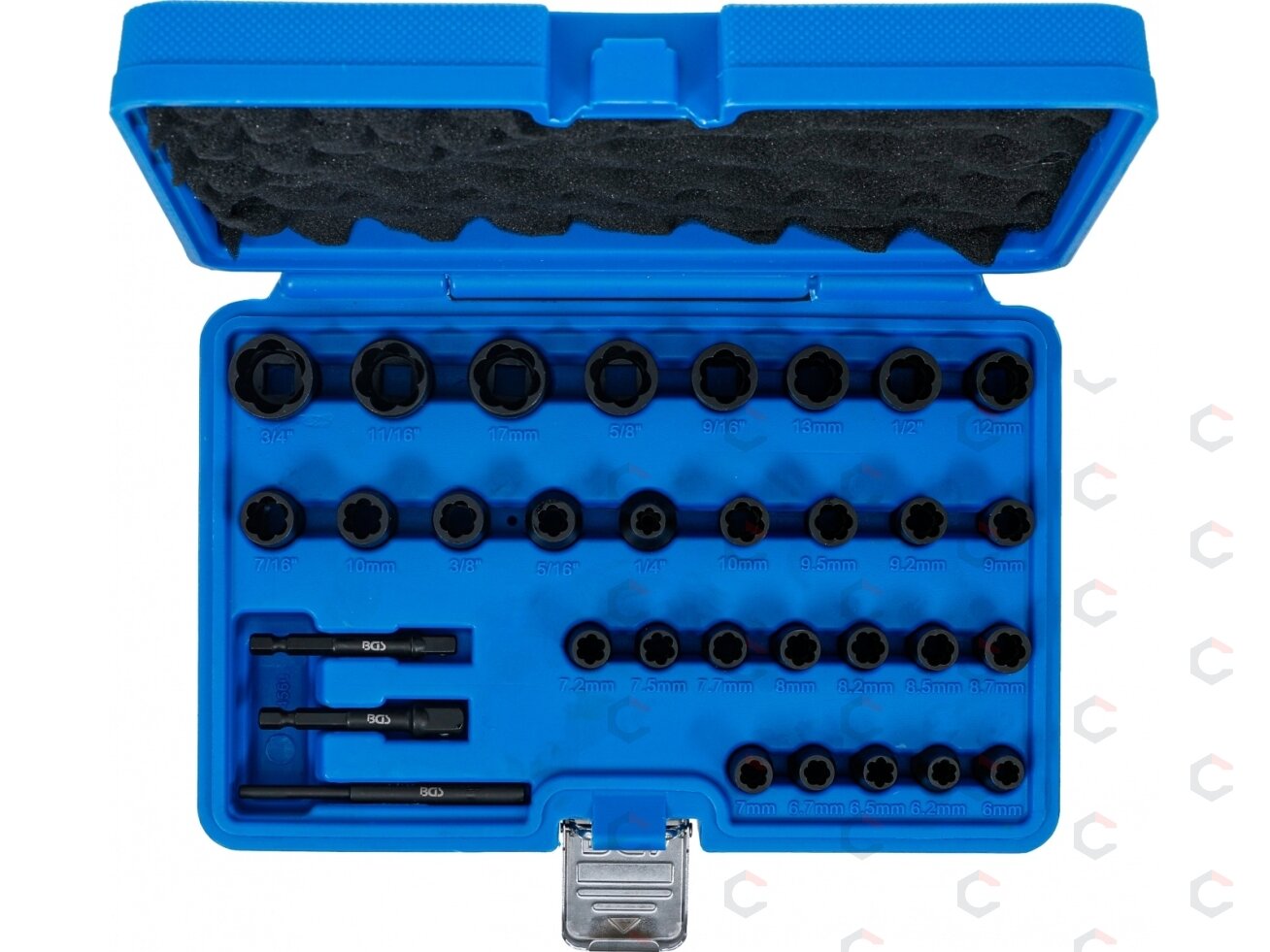 Specialus galvučių ir sraigtinių ištraukiklių rinkinys | 6.3 mm (1/4") / 10 mm (3/8") | 32 vnt. (74560) 3 Specialus galvučių ir sraigtinių ištraukiklių rinkinys | 6.3 mm (1/4") / 10 mm (3/8") | 32 vnt. (74560) 3