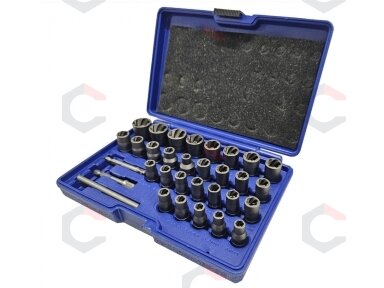 Specialus galvučių rinkinys / sraigtiniai ištraukikliai | 6.3 mm (1/4") / 10 mm (3/8") | 32 vnt. (SK201619) Specialus galvučių rinkinys / sraigtiniai ištraukikliai | 6.3 mm (1/4") / 10 mm (3/8") | 32 vnt. (SK201619)