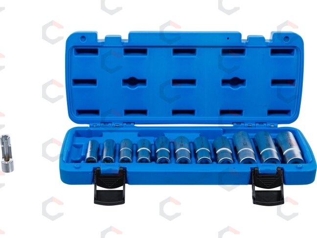 Specializuotų galvučių rinkinys su išpjova | 10 mm (3/8") | 8 - 19 mm | 12 vnt. (70988) 1 Specializuotų galvučių rinkinys su išpjova | 10 mm (3/8") | 8 - 19 mm | 12 vnt. (70988) 1
