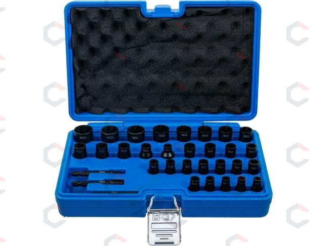 Specialus galvučių ir sraigtinių ištraukiklių rinkinys | 6.3 mm (1/4") / 10 mm (3/8") | 32 vnt. (74560) 1 Specialus galvučių ir sraigtinių ištraukiklių rinkinys | 6.3 mm (1/4") / 10 mm (3/8") | 32 vnt. (74560) 1
