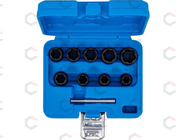 Specialus galvučių rinkinys / sraigtiniai ištraukikliai | 10 mm (3/8") | 10 - 19 mm | 10 vnt. (5265) 3 Specialus galvučių rinkinys / sraigtiniai ištraukikliai | 10 mm (3/8") | 10 - 19 mm | 10 vnt. (5265) 3