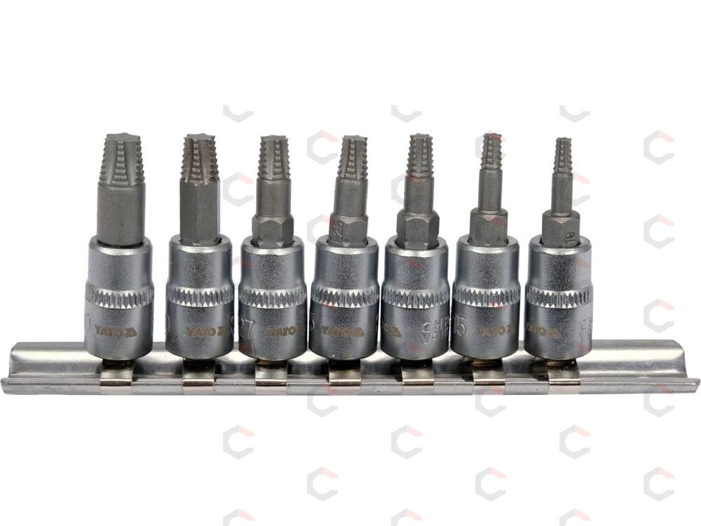 Sraigtiniai ištraukikliai | 6,3 mm (1/4") / 10 mm (3/8") | pažeistam T-Star (Torx) T10 - T40 | 7 vnt. (YT-04581) 1 Sraigtiniai ištraukikliai | 6,3 mm (1/4") / 10 mm (3/8") | pažeistam T-Star (Torx) T10 - T40 | 7 vnt. (YT-04581) 1