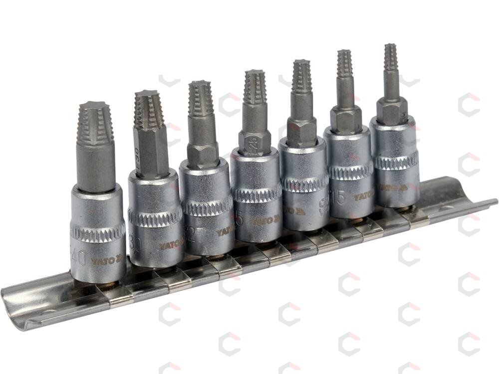 Sraigtiniai ištraukikliai | 6,3 mm (1/4") / 10 mm (3/8") | pažeistam T-Star (Torx) T10 - T40 | 7 vnt. (YT-04581) 2 Sraigtiniai ištraukikliai | 6,3 mm (1/4") / 10 mm (3/8") | pažeistam T-Star (Torx) T10 - T40 | 7 vnt. (YT-04581) 2