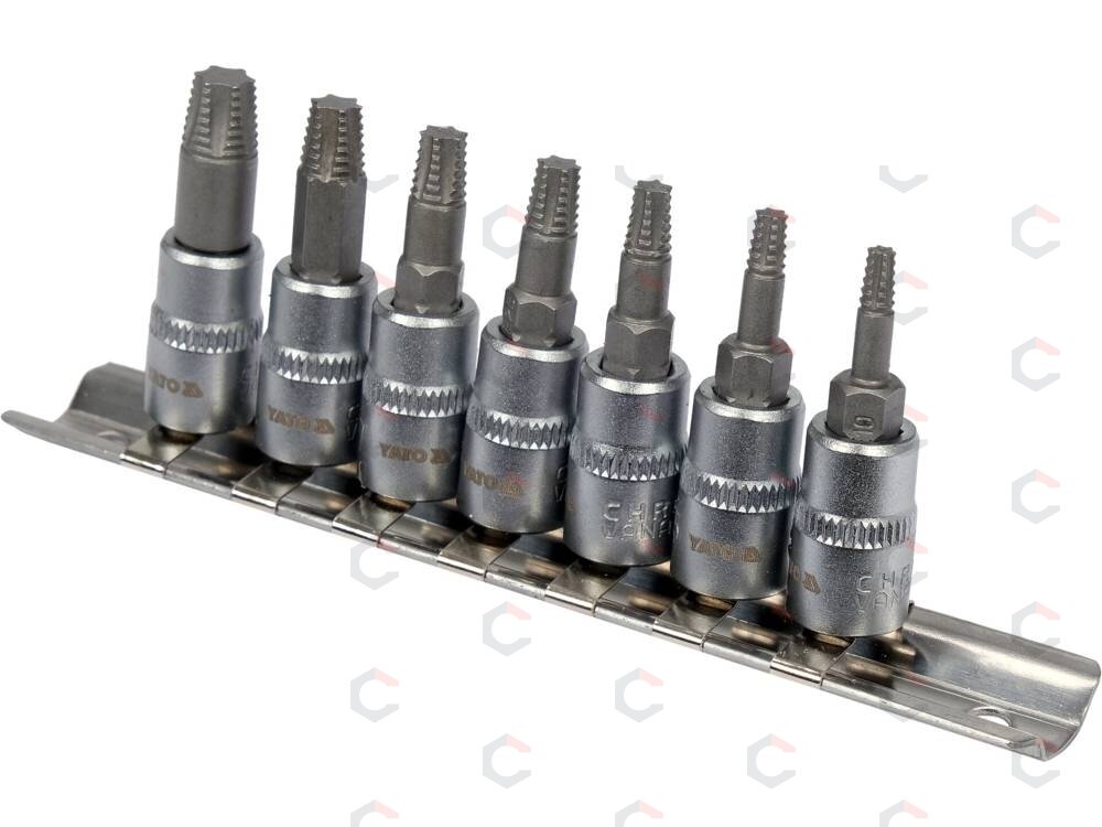Sraigtiniai ištraukikliai | 6,3 mm (1/4") / 10 mm (3/8") | pažeistam T-Star (Torx) T10 - T40 | 7 vnt. (YT-04581) Sraigtiniai ištraukikliai | 6,3 mm (1/4") / 10 mm (3/8") | pažeistam T-Star (Torx) T10 - T40 | 7 vnt. (YT-04581)