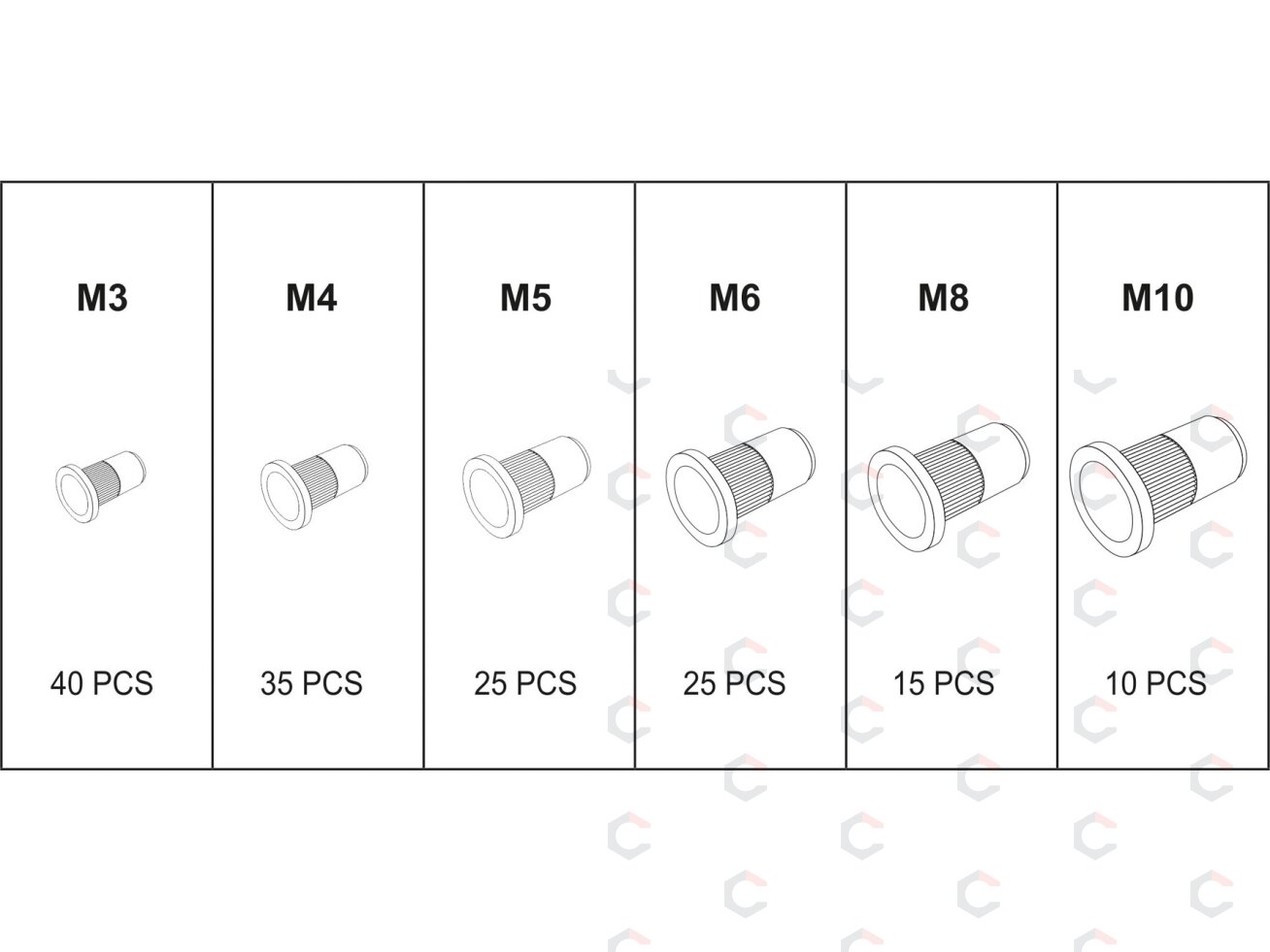 Srieginės kniedės | plieninės | M3-M10 | 150 vnt. (YT-36481) 3 Srieginės kniedės | plieninės | M3-M10 | 150 vnt. (YT-36481) 3