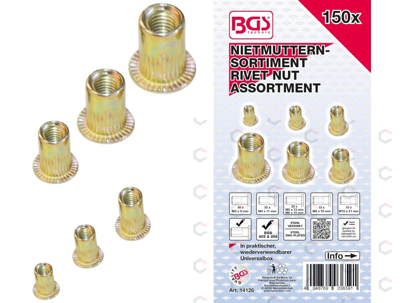 Srieginių kniedžių asortimentas | cinkuotas plienas | 150 vnt. (14126) 3 Srieginių kniedžių asortimentas | cinkuotas plienas | 150 vnt. (14126) 3