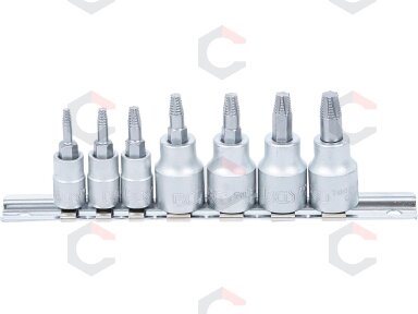 Sraigtiniai ištraukikliai | | 6,3 mm (1/4") / 10 mm (3/8") | pažeistam T-Star (Torx) T10 - T40 | 7 vnt. (7098) Sraigtiniai ištraukikliai | | 6,3 mm (1/4") / 10 mm (3/8") | pažeistam T-Star (Torx) T10 - T40 | 7 vnt. (7098)