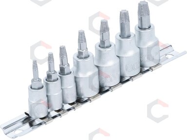 Sraigtiniai ištraukikliai | | 6,3 mm (1/4") / 10 mm (3/8") | pažeistam T-Star (Torx) T10 - T40 | 7 vnt. (7098) Sraigtiniai ištraukikliai | | 6,3 mm (1/4") / 10 mm (3/8") | pažeistam T-Star (Torx) T10 - T40 | 7 vnt. (7098)
