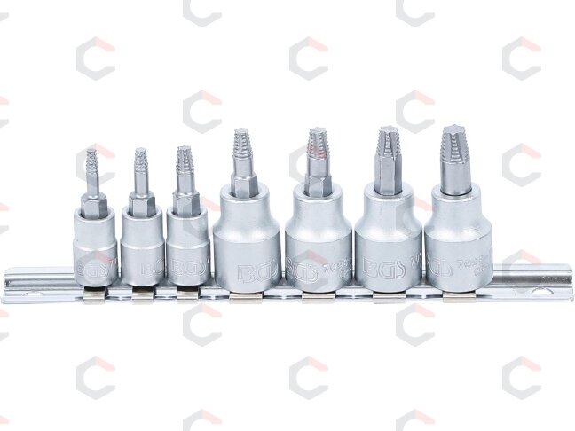Sraigtiniai ištraukikliai | | 6,3 mm (1/4") / 10 mm (3/8") | pažeistam T-Star (Torx) T10 - T40 | 7 vnt. (7098) 1 Sraigtiniai ištraukikliai | | 6,3 mm (1/4") / 10 mm (3/8") | pažeistam T-Star (Torx) T10 - T40 | 7 vnt. (7098) 1