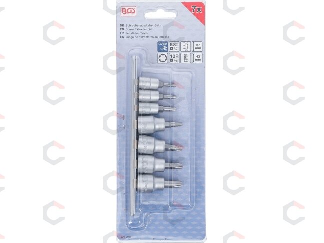 Sraigtiniai ištraukikliai | | 6,3 mm (1/4") / 10 mm (3/8") | pažeistam T-Star (Torx) T10 - T40 | 7 vnt. (7098) 2 Sraigtiniai ištraukikliai | | 6,3 mm (1/4") / 10 mm (3/8") | pažeistam T-Star (Torx) T10 - T40 | 7 vnt. (7098) 2