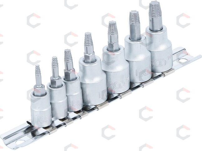Sraigtiniai ištraukikliai | | 6,3 mm (1/4") / 10 mm (3/8") | pažeistam T-Star (Torx) T10 - T40 | 7 vnt. (7098) Sraigtiniai ištraukikliai | | 6,3 mm (1/4") / 10 mm (3/8") | pažeistam T-Star (Torx) T10 - T40 | 7 vnt. (7098)