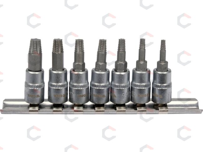 Sraigtiniai ištraukikliai | 6,3 mm (1/4") / 10 mm (3/8") | pažeistam T-Star (Torx) T10 - T40 | 7 vnt. (YT-04581) 1 Sraigtiniai ištraukikliai | 6,3 mm (1/4") / 10 mm (3/8") | pažeistam T-Star (Torx) T10 - T40 | 7 vnt. (YT-04581) 1