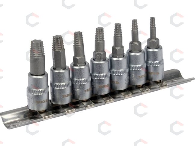 Sraigtiniai ištraukikliai | 6,3 mm (1/4") / 10 mm (3/8") | pažeistam T-Star (Torx) T10 - T40 | 7 vnt. (YT-04581) 2 Sraigtiniai ištraukikliai | 6,3 mm (1/4") / 10 mm (3/8") | pažeistam T-Star (Torx) T10 - T40 | 7 vnt. (YT-04581) 2