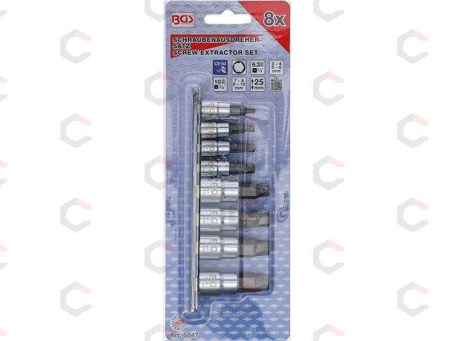 Sraigtiniai ištraukikliai | pažeistam hex | 6.3 mm (1/4") / 10 mm (3/8") | 3 - 10 mm | 8 vnt. (6847) 3 Sraigtiniai ištraukikliai | pažeistam hex | 6.3 mm (1/4") / 10 mm (3/8") | 3 - 10 mm | 8 vnt. (6847) 3
