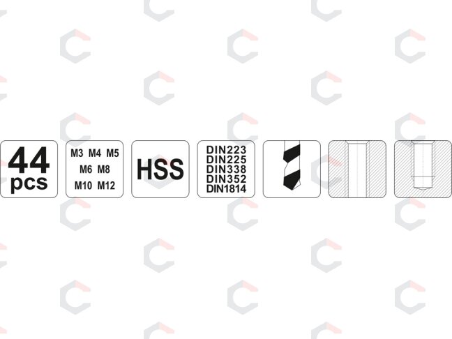 Sriegiklių ir sriegpjovių rinkinys | M3–M12 | HSS M2 | 44 vnt. | YATO (YT-2978) 4 Sriegiklių ir sriegpjovių rinkinys | M3–M12 | HSS M2 | 44 vnt. | YATO (YT-2978) 4
