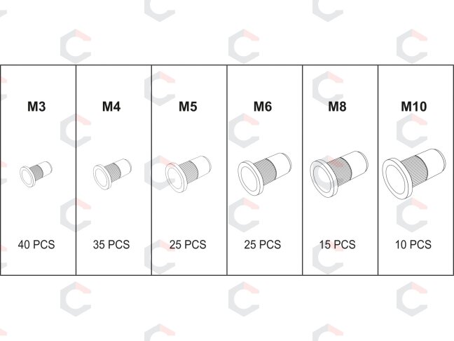Srieginės kniedės | plieninės | M3-M10 | 150 vnt. (YT-36481) 3 Srieginės kniedės | plieninės | M3-M10 | 150 vnt. (YT-36481) 3