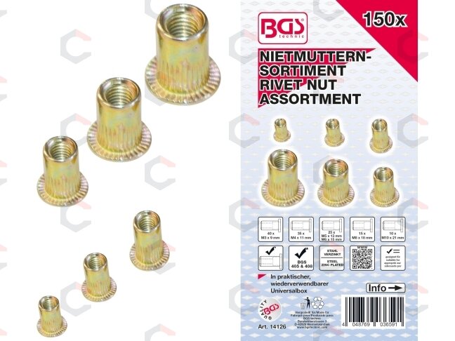 Srieginių kniedžių asortimentas | cinkuotas plienas | 150 vnt. (14126) 3 Srieginių kniedžių asortimentas | cinkuotas plienas | 150 vnt. (14126) 3