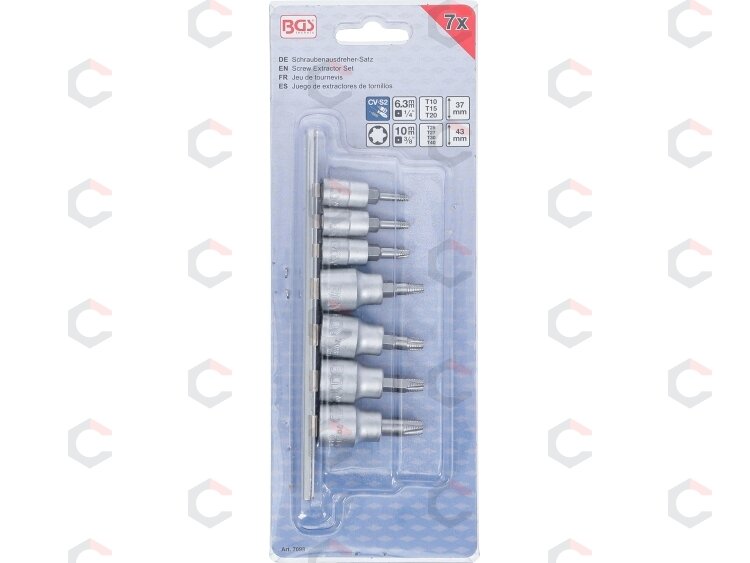 Sraigtiniai ištraukikliai | | 6,3 mm (1/4") / 10 mm (3/8") | pažeistam T-Star (Torx) T10 - T40 | 7 vnt. (7098) 2 Sraigtiniai ištraukikliai | | 6,3 mm (1/4") / 10 mm (3/8") | pažeistam T-Star (Torx) T10 - T40 | 7 vnt. (7098) 2