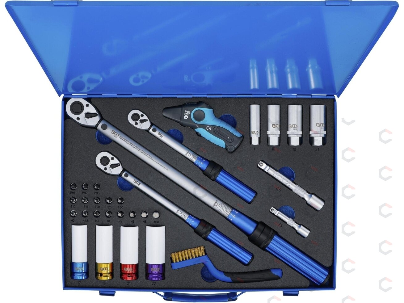 Sukimo momento veržliarakčių rinkinys | 6,3 mm (1/4"), 10 mm (3/8"), 12,5 mm (1/2") | 31 vnt. (74305) 5 Sukimo momento veržliarakčių rinkinys | 6,3 mm (1/4"), 10 mm (3/8"), 12,5 mm (1/2") | 31 vnt. (74305) 5