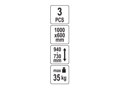 Reguliuojamo aukščio daugiafunkcių stalų rinkinys 1000 × 600 mm, 35 kg vienam stalui, 3 vnt. VOREL (29430)