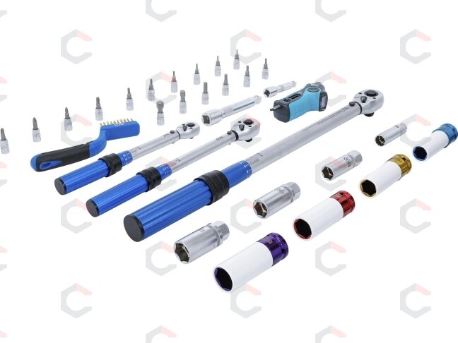 Sukimo momento veržliarakčių rinkinys | 6,3 mm (1/4"), 10 mm (3/8"), 12,5 mm (1/2") | 31 vnt. (74305) 7 Sukimo momento veržliarakčių rinkinys | 6,3 mm (1/4"), 10 mm (3/8"), 12,5 mm (1/2") | 31 vnt. (74305) 7