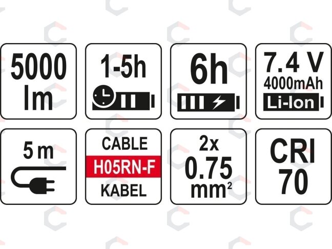 Šviesos diodų lempos / prožektoriai | 220V / akumulatorinė: LI-ION | su trikoju | 5000lm (YT-81811) 6 Šviesos diodų lempos / prožektoriai | 220V / akumulatorinė: LI-ION | su trikoju | 5000lm (YT-81811) 6