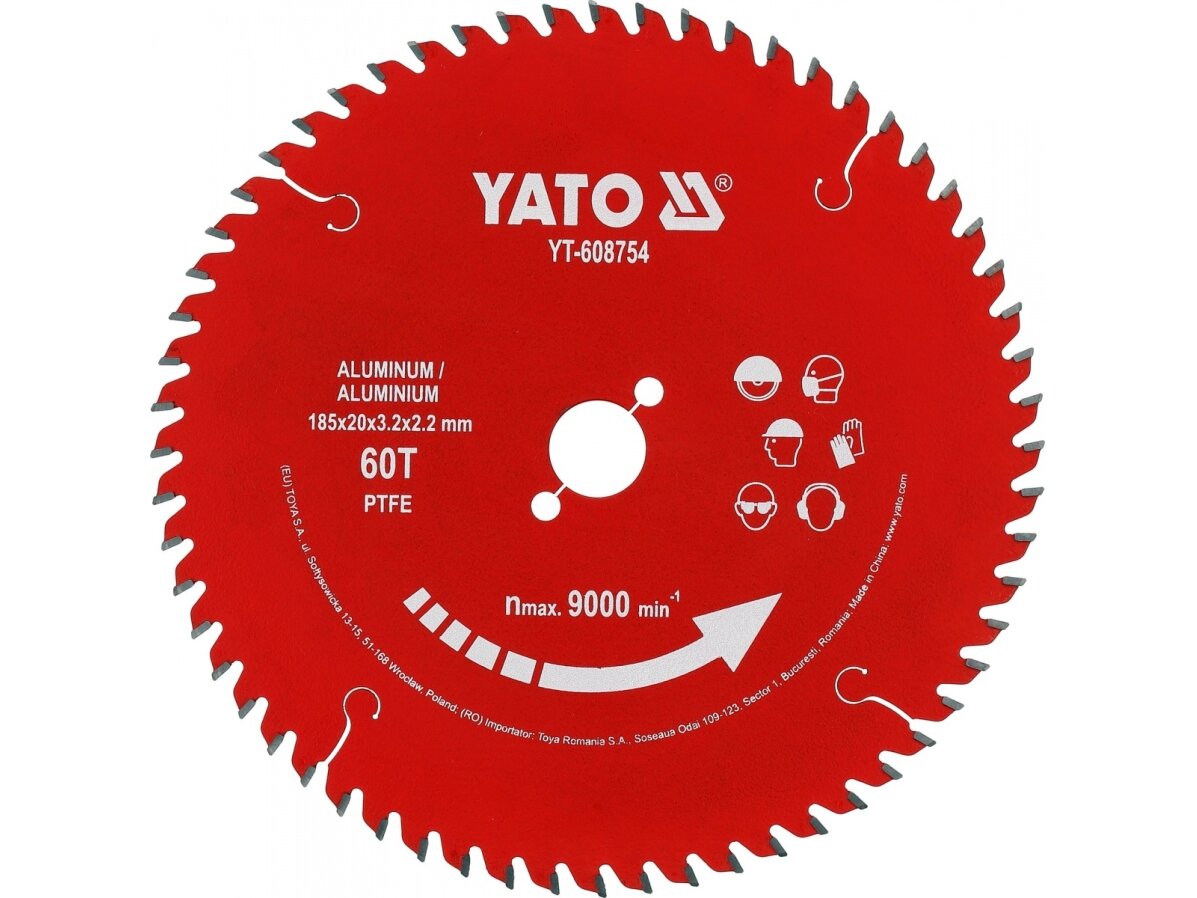 TCT pjovimo diskas aliuminiui su PTFE danga, 185 × 20 mm, 60 dantų YATO (YT-608754) 1 TCT pjovimo diskas aliuminiui su PTFE danga, 185 × 20 mm, 60 dantų YATO (YT-608754) 1