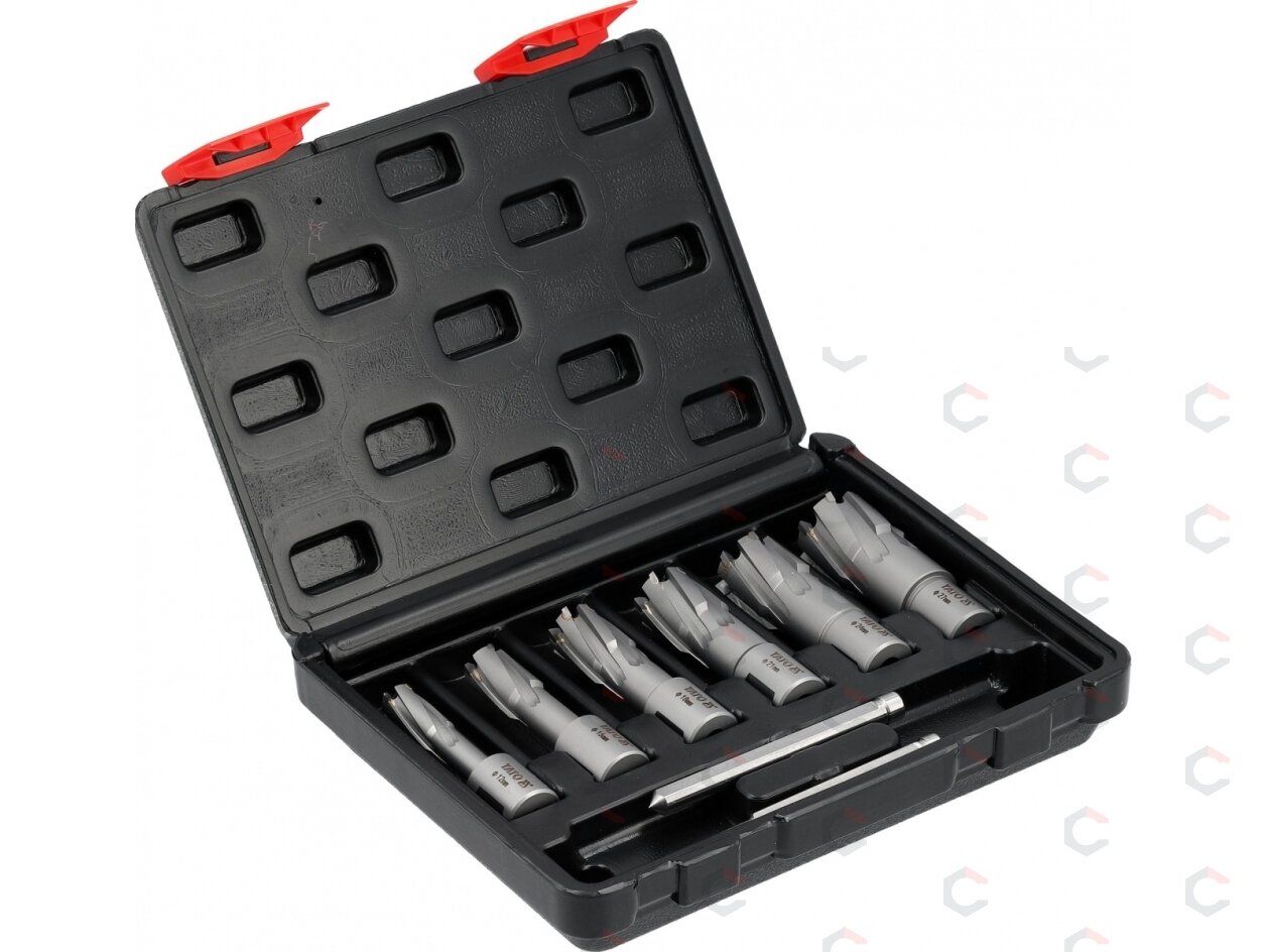 TCT karūninių grąžtų rinkinys magnetinėms gręžimo staklėms 12–27 mm, 8 vnt. (YT-43410) TCT karūninių grąžtų rinkinys magnetinėms gręžimo staklėms 12–27 mm, 8 vnt. (YT-43410)