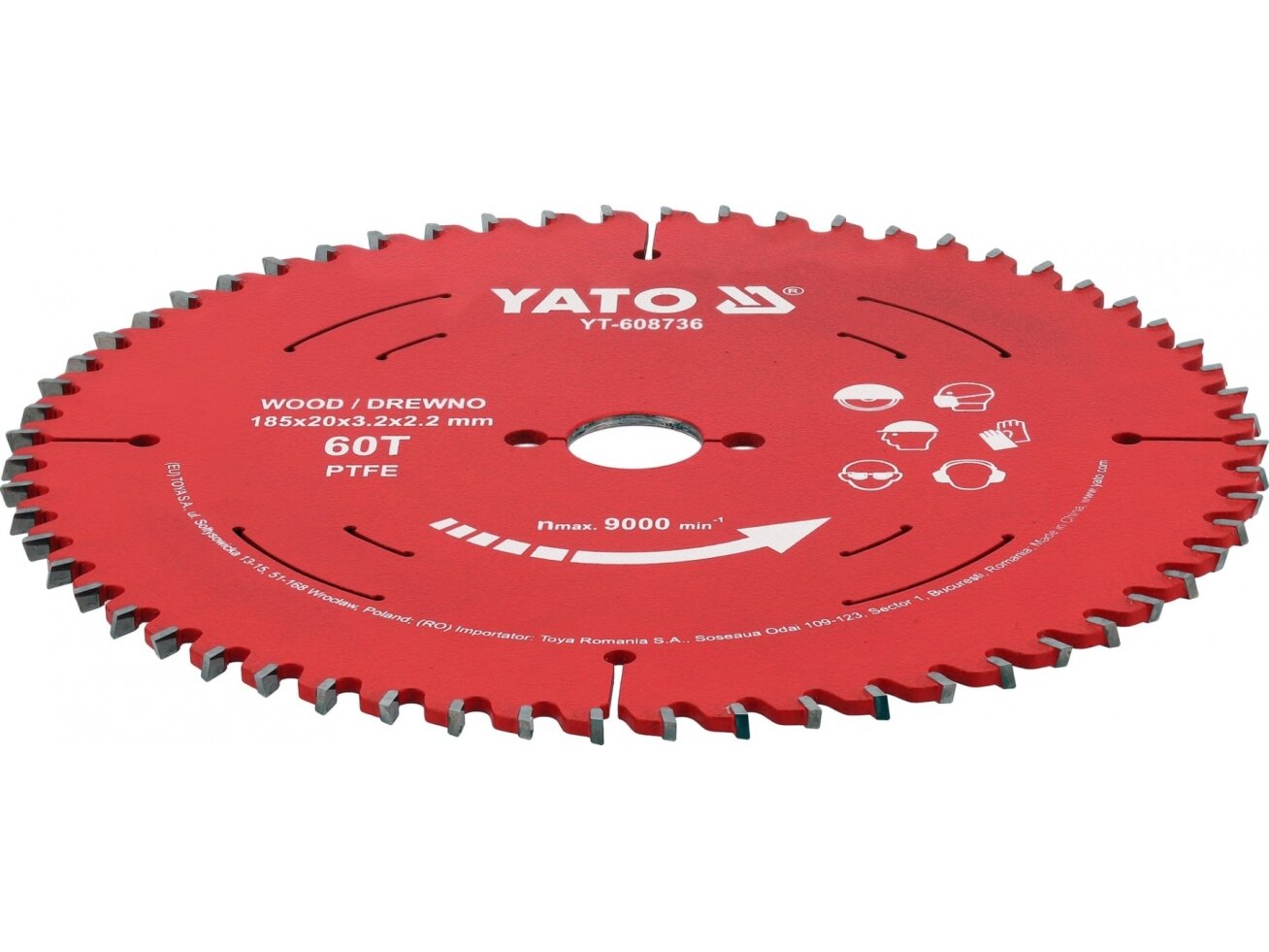 TCT pjovimo diskas medienai su PTFE danga, 185 × 20 mm, 60 dantų YATO (YT-608736) TCT pjovimo diskas medienai su PTFE danga, 185 × 20 mm, 60 dantų YATO (YT-608736)