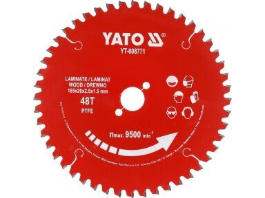 TCT pjovimo diskas laminatui su PTFE danga, 165 × 20 mm, 48 dantų YATO (YT-608771)