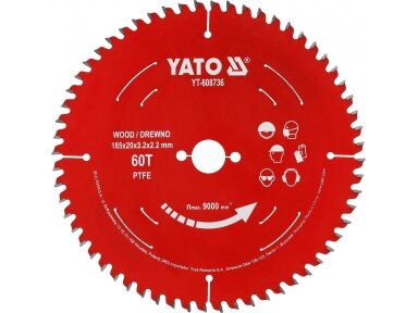 TCT pjovimo diskas medienai su PTFE danga, 185 × 20 mm, 60 dantų YATO (YT-608736)